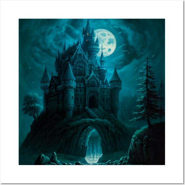 Spooky Halloween Castle in Blue and Black Wall Art by CursedContent